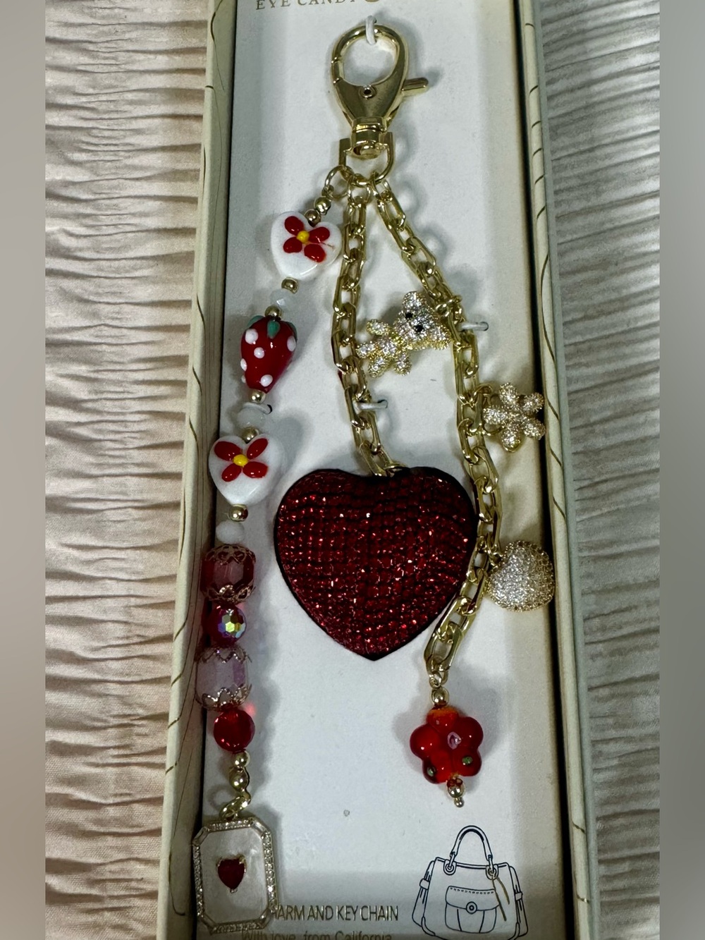 eye candy Gold-Tone Red Heart Charm Necklace with Floral Beads